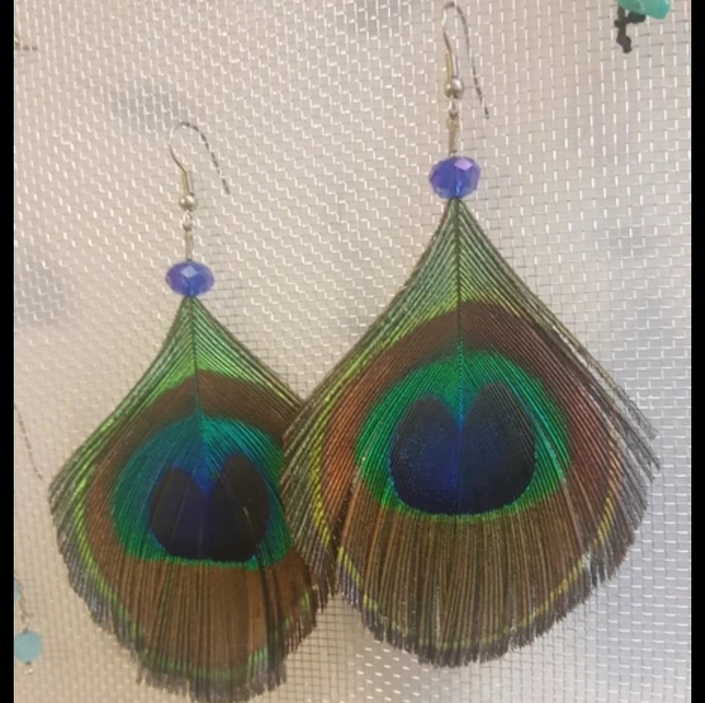 Peacock Feather Earrings Vintage 1990's